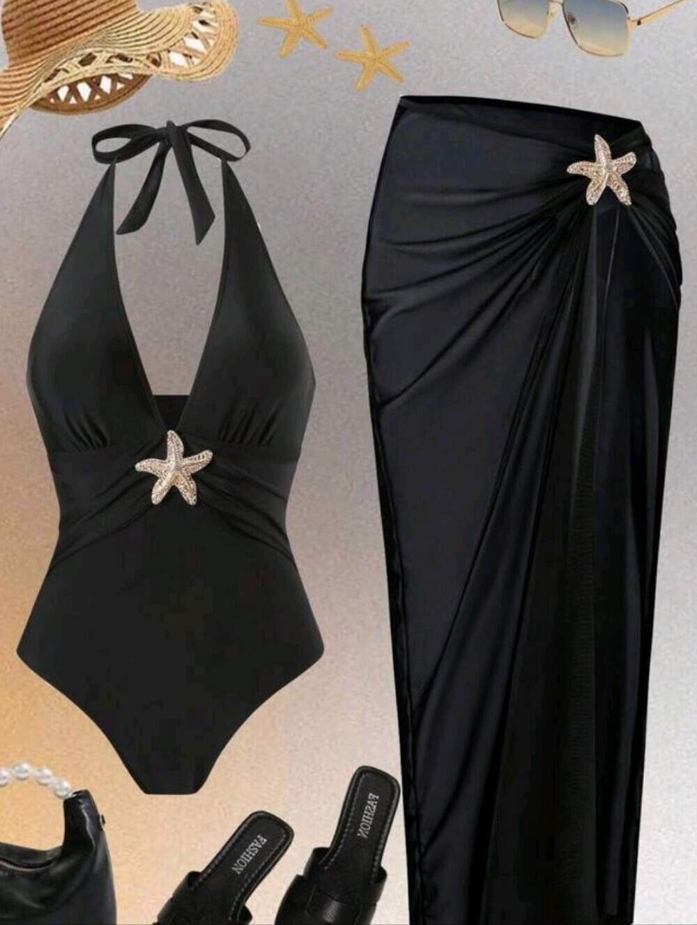 Black Starfish-Embellished Halter One-Piece Swimsuit & Sarong Set